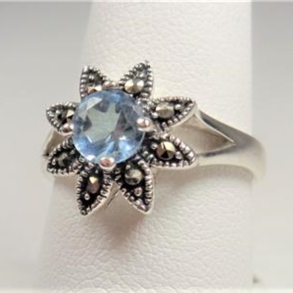 SILVER AQUA & MARCASITE STONES ISLAND FLOWER RING - Picture 7 of 7